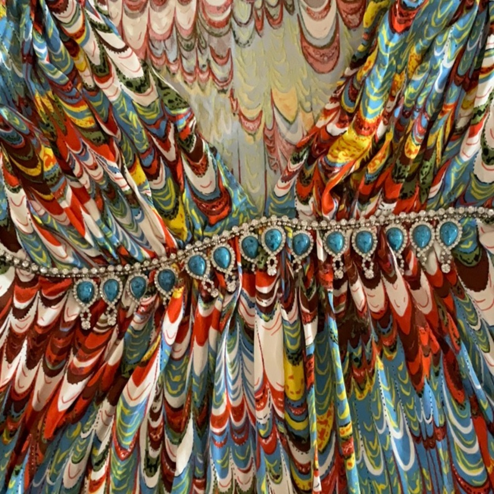 SKY multi colored top turquoise jewel band large silk absolutely stunning shirt